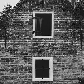 Huisje in Moddergat, Friesland in zwart wit van Denise Tiggelman