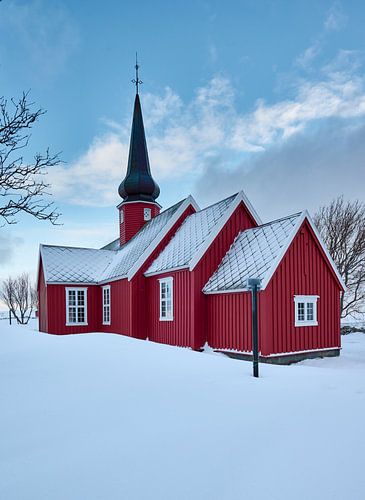 Red church of Flakstad in winter landscape, Lofoten