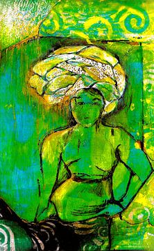 Afrikaanse vrouw met groen gouden hoofdtooi. (collage ) van Ineke de Rijk