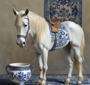 a white horse dutch blue painted. by J.a Dijkstra