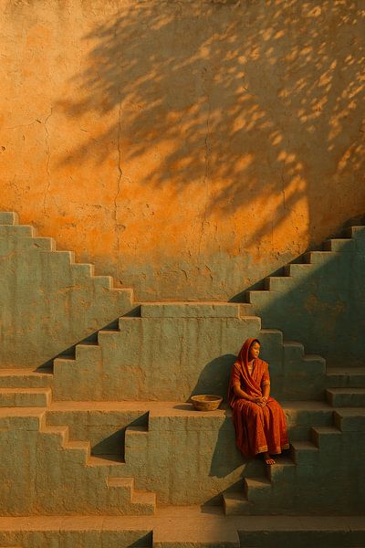 Frau in rotem Sari an alter Treppe im warmen Abendlicht von But First Framing