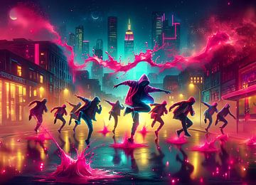 Groep hip hop straat dansers dansen in de straten van de grote stad bij nacht van Eye on You