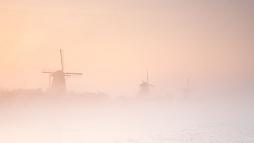 Kinderdijk in de mist