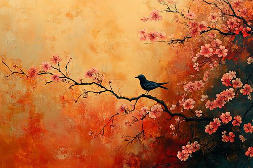 schilderachtige japanse kunst vogel in bloesem boom
