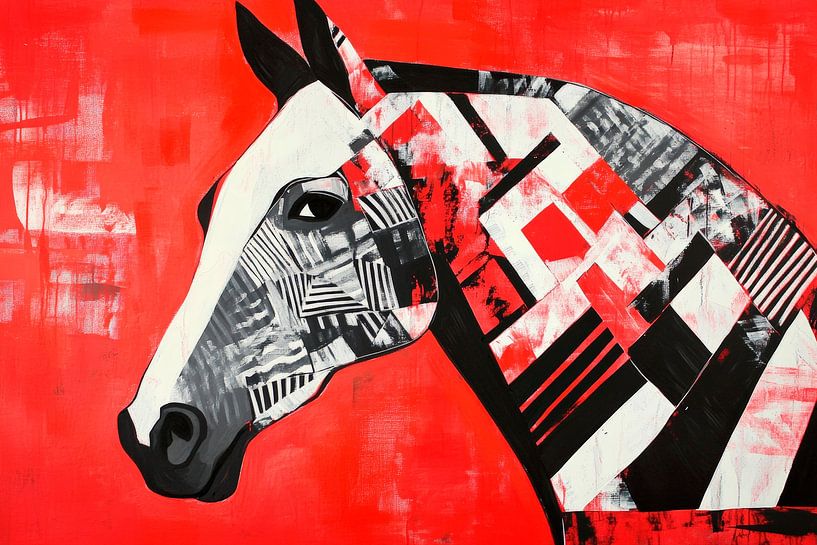 Paardenportret in rood en zwart - Modern van Poster Art Shop
