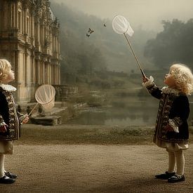 Twee Adellijke Kinderen bij het Kasteel - Nostalgisch Schilderij van Peter Pen tekeningen en schilderijen