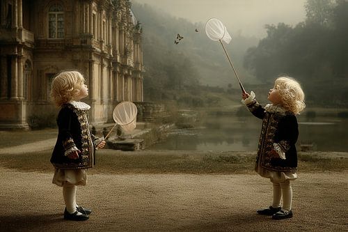 Twee Adellijke Kinderen bij het Kasteel - Nostalgisch Schilderij
