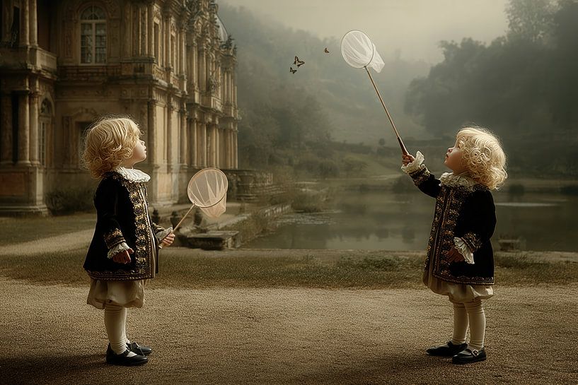 Twee Adellijke Kinderen bij het Kasteel - Nostalgisch Schilderij van Peter Pen tekeningen en schilderijen