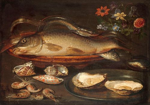Stilleven met vissen, oesters en garnalen, Clara Peeters