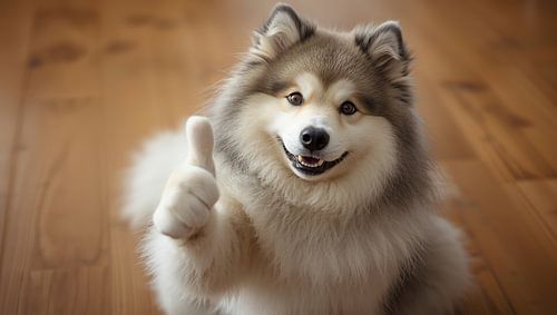 A cute dog gives the thumbs up