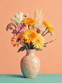 Stillleben mit einem farbenfrohen Gerbera-Strauß mit Impasto-Struktur in einer beigen Vase