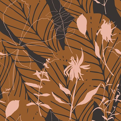 Botanische kunst in boho stijl. Bloemen en bladeren in retro kleuren. Roze, terra, zwart