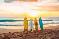 Surfboards in het strandzand bij ondergaande zon van Vlindertuin Art thumbnail