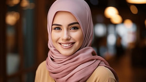 Porträt einer lächelnden muslimischen Frau mit buntem Kopftuch