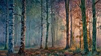 Forêt de bouleaux magique au lever du soleil dans des tons chauds et pastel