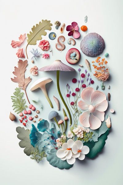 Collage de champignons et de fleurs | Art 3 par Digitale Schilderijen