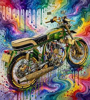 Farbenfrohe psychedelische Drip-Art – Individuell gestaltetes klassisches Motorrad