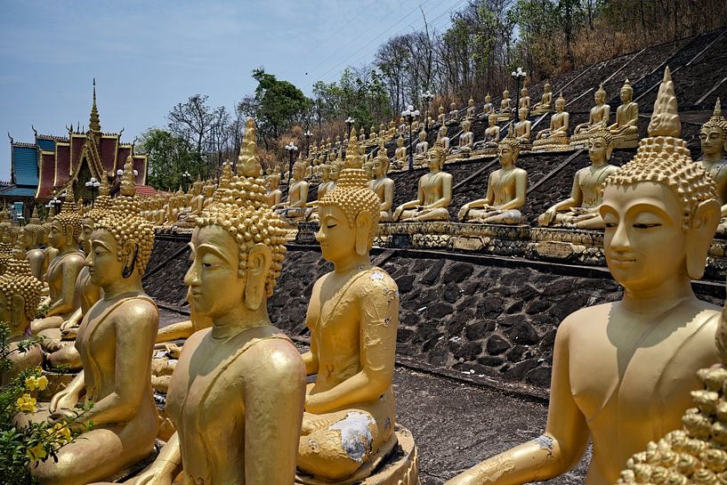 Golden statues lined up at Wat Phou Salao by Frank Photos