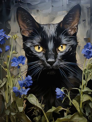 Black cat with blue flowers