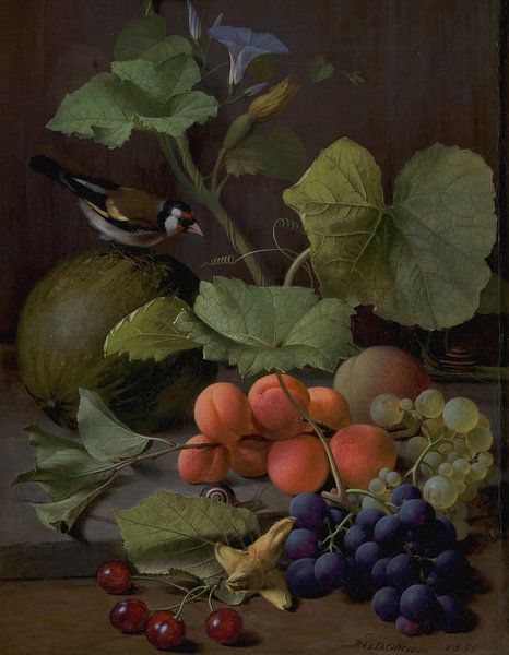 Stilleven met vruchten en een distelvink, O.D. Ottesen van Meesterlijcke Meesters