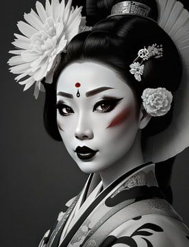 Geisha portret in zwart wit met rode accenten.