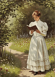 Viktorianische junge Dame, die auf einem Gartenweg liest, romantische pastorale Szene im Vintage-Stil von Hecate Pim