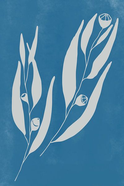 Modern botanical art. Eucalyptus twig in white on blue by Dina Dankers