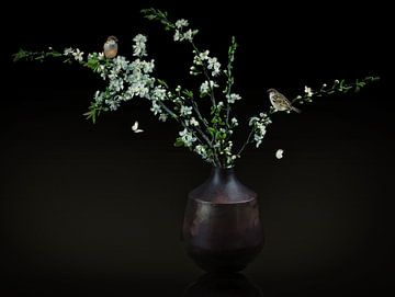 Still life white blossom in a vase with sparrows by Marjolein van Middelkoop