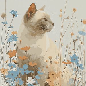 Siamese in the Summer Meadow | Botanical Cat Portrait in Pastel Shades
