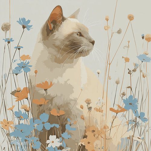 Un siamois dans le Zomerveld | Portrait botanique d'un chat aux tons pastel