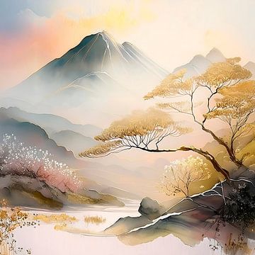 Warm and serene Japanese mountain landscape in Japandi style by Studio Pieternel