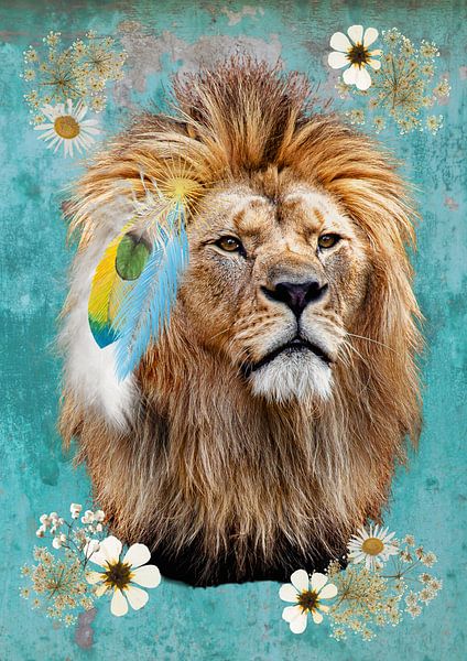 Ibiza lion, bohemian leeuw met veren in zijn manen van Postergirls