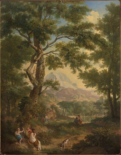 Arcadisch landschap met linksvoor kinderen met een vogel en een hond, Jurriaan Andriessen