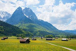 Werdenfelser Land,  Garmisch. Wiese mit Hütten und Bergblick. von SusaZoom
