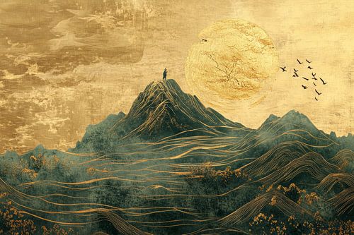 Mystieke bergtoppen onder een cirkelvormige zon