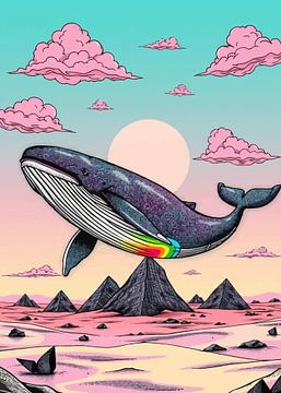 Dreamy Whale Flying Over Desert – Pink Cloud Fantasy by MIROKKU