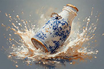 Een stilleven van een delfts blauw melkflesje oude meesters nieuwe stijl.