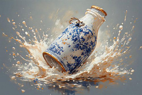 Een stilleven van een delfts blauw melkflesje oude meesters nieuwe stijl.