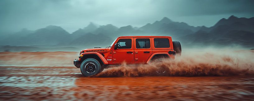 Roter Jeep Wrangler bei Sonnenuntergang in den Dünen von Lufy
