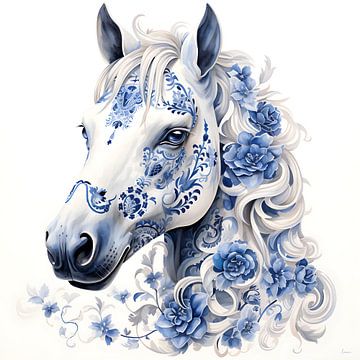 Portrait d'un cheval en bleu de Delft sur Lauri Creates