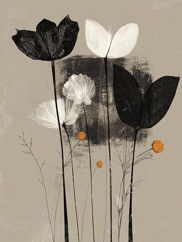 Botanisch abstract in taupe, zwart, wit en oranje