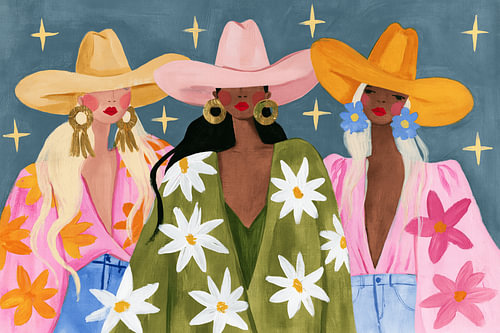 Drei farbenfrohe Cowgirls mit Cowboyhut