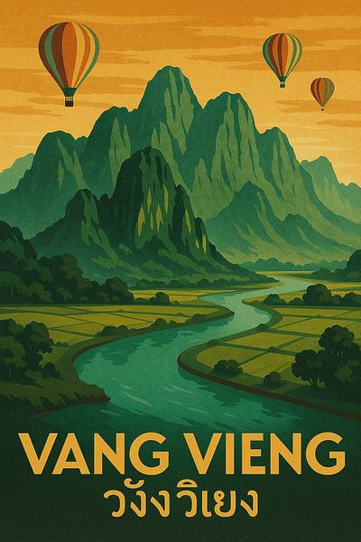 Vang Vieng Vintage Travel Poster - Limestone Karst Mountains &amp;amp ; River Art par Travel Shop