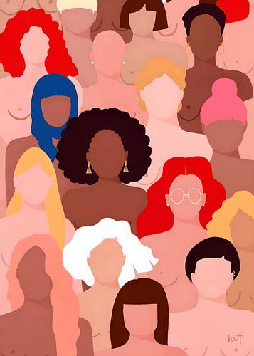 Illustration mit vielfältigen Frauen, die Körperpositivität und Inklusion fördert