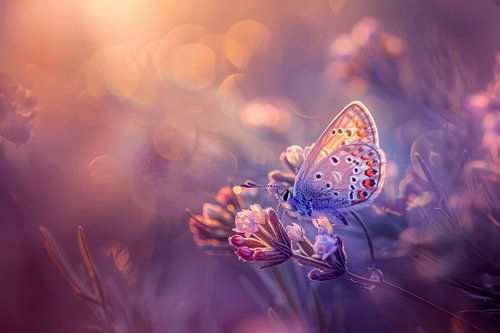 Foto van een vlinder, rustend op wilde bloemen, in een bloemenweide