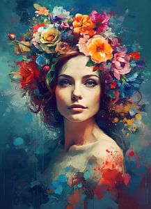 Peinture femme avec fleurs | Art abstrait |