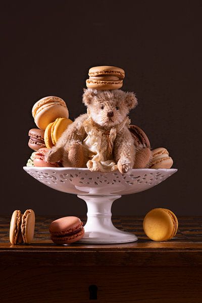 Old mohair bear with antique lace dress by Willy Sengers