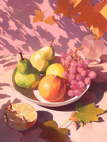Summer fruit bowl in pink sunlight with pears, grapes and orange by But First Framing