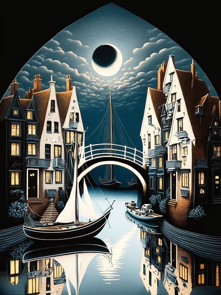 Cityscape Houses Night Bridge Canals Boats Moon by gm_designs