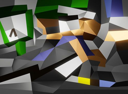 Een dynamische kubistisch kunstwerk met lopende personen